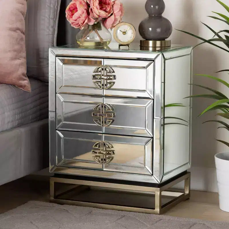 Comodino a specchio con 3 cassetti -: Elegante bronzo antico, bordi smussati, nessun montaggio richiesto