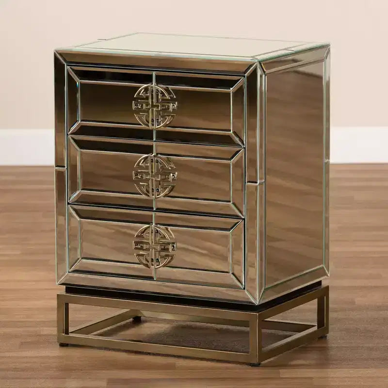 Comodino a specchio con 3 cassetti -: Elegante bronzo antico, bordi smussati, nessun montaggio richiesto