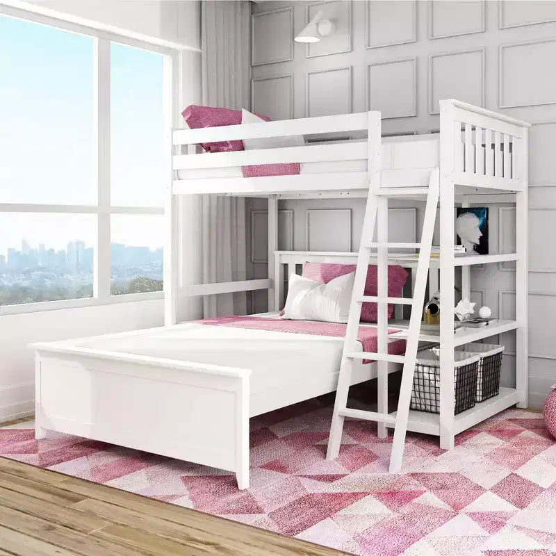 Letto a castello a L in legno massello, una piazza e mezza con libreria per bambini