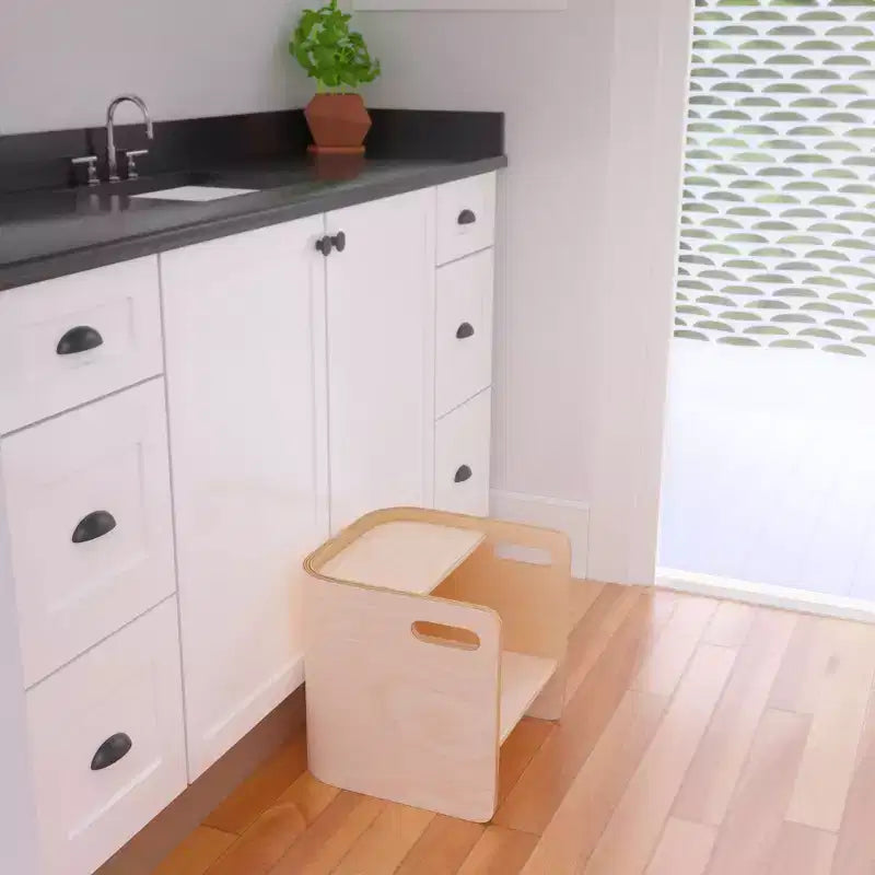 Sedia a cubo multiuso in legno curvato per bambini, mobili Montessori
