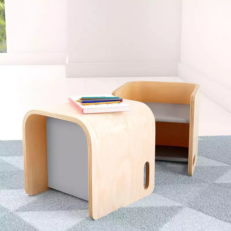Sedia a cubo multiuso in legno curvato per bambini, mobili Montessori