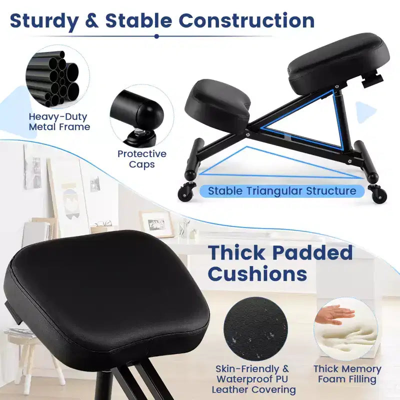 Sedia ergonomica con poggiaginocchia, sgabello regolabile con ruote universali bloccabili, sedile angolato